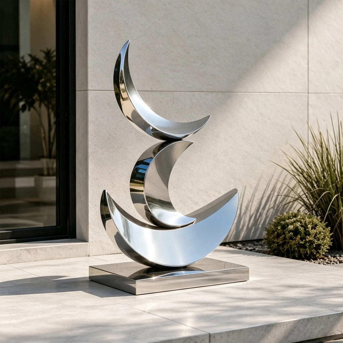 PREMIER Stacked Crescent Sculpture in Polished Metal for Front Yard, Garden Poolside or Driveway PSSS-347-Stainless Steel Sculpture-PREMIER SCULPTURE