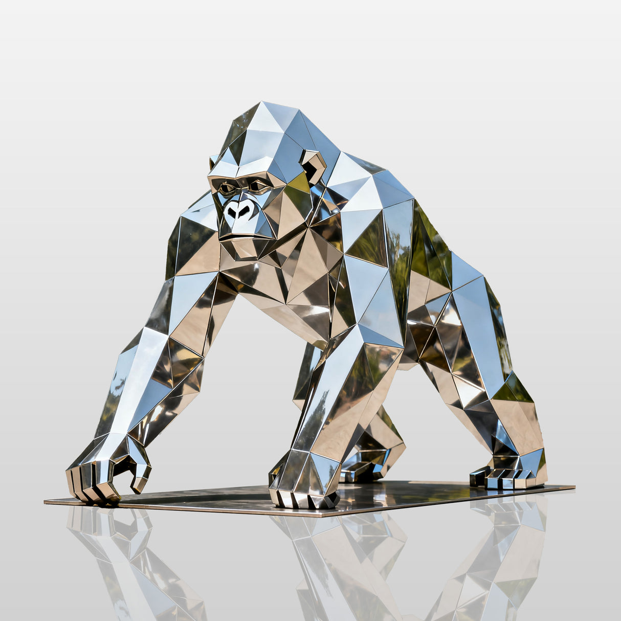 Stainless steel geometric gorilla sculpture with faceted surfaces