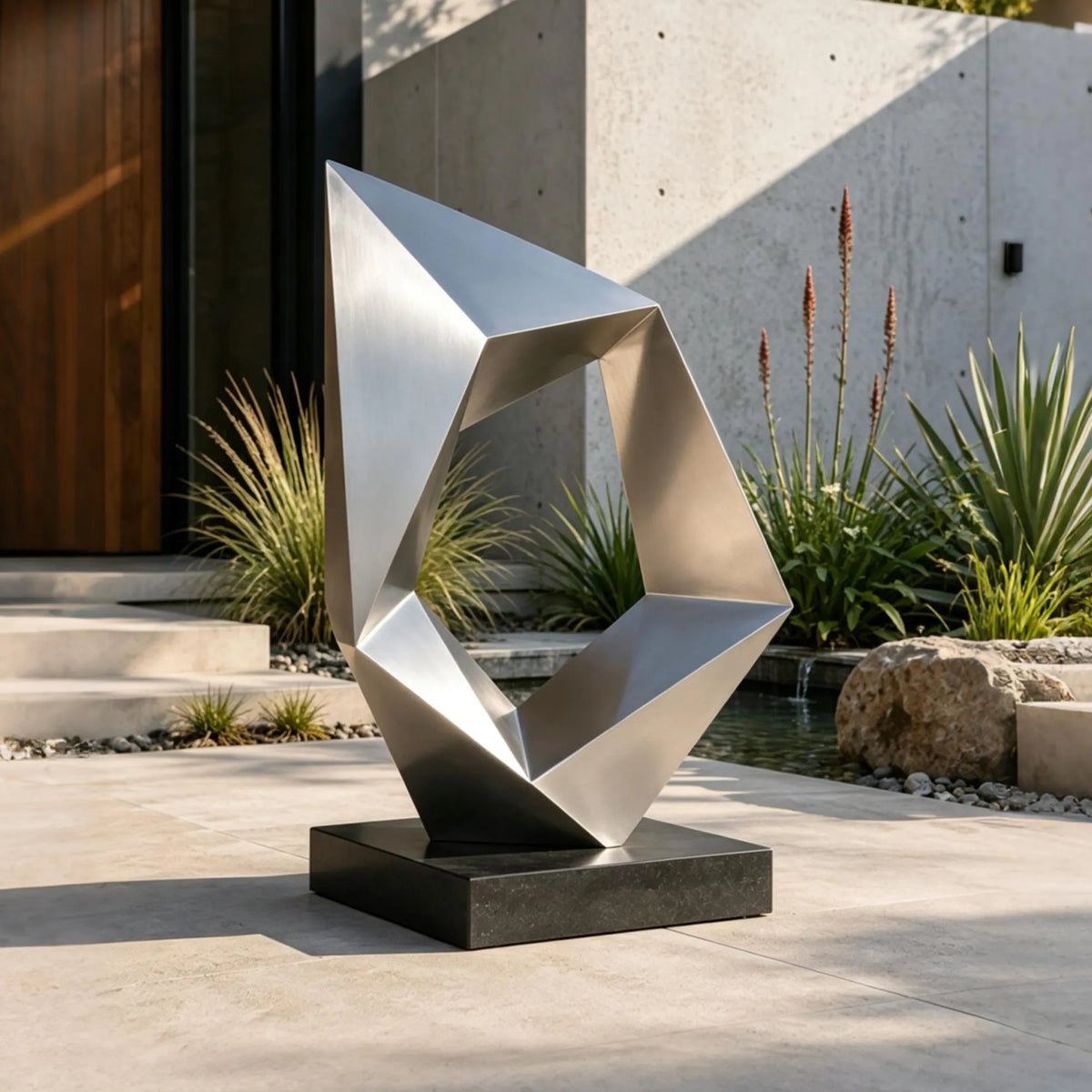 A geometric stainless steel sculpture stands on a dark stone base beside greenery.