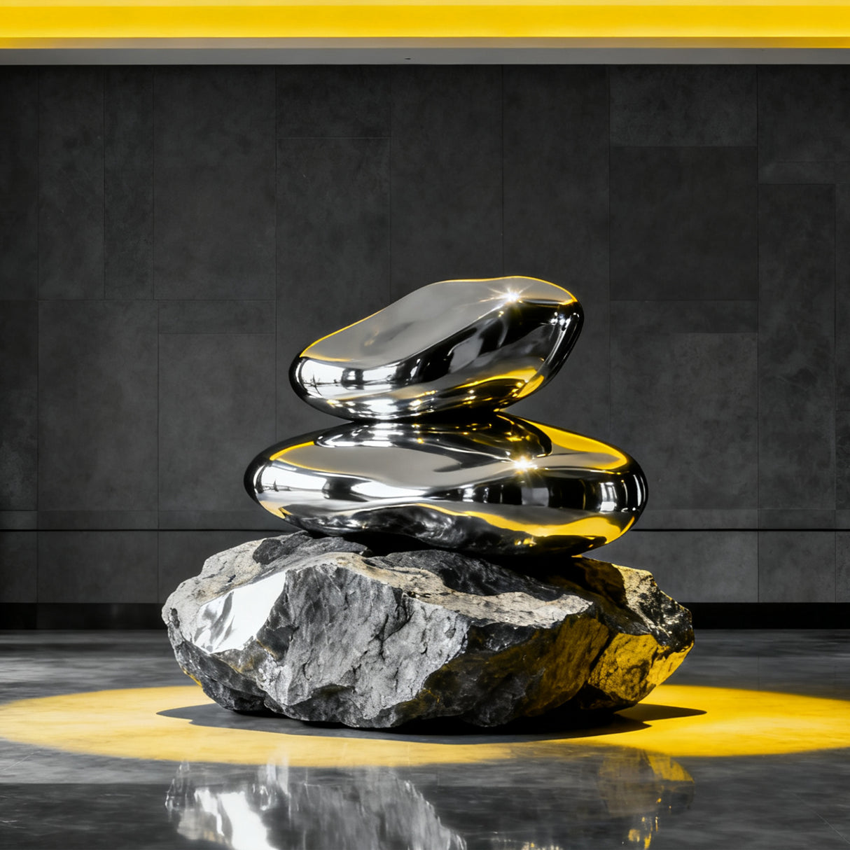 The stacked stainless steel sculpture in three contrasting stones rough base and polished upper layers perfect for living room or other interiors.