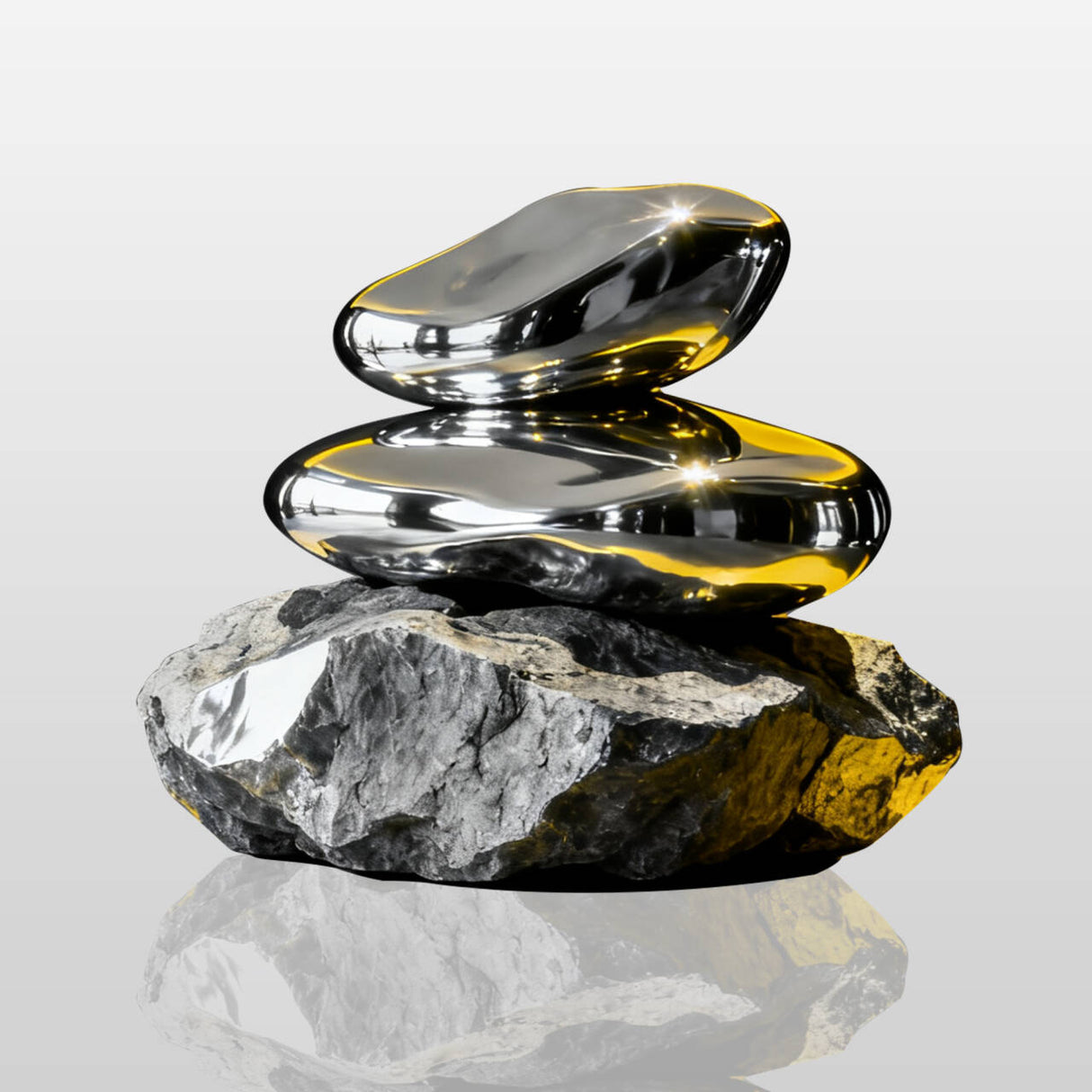 The stacked stainless steel sculpture in three contrasting stones rough base and polished upper layers perfect for living room or other interiors.