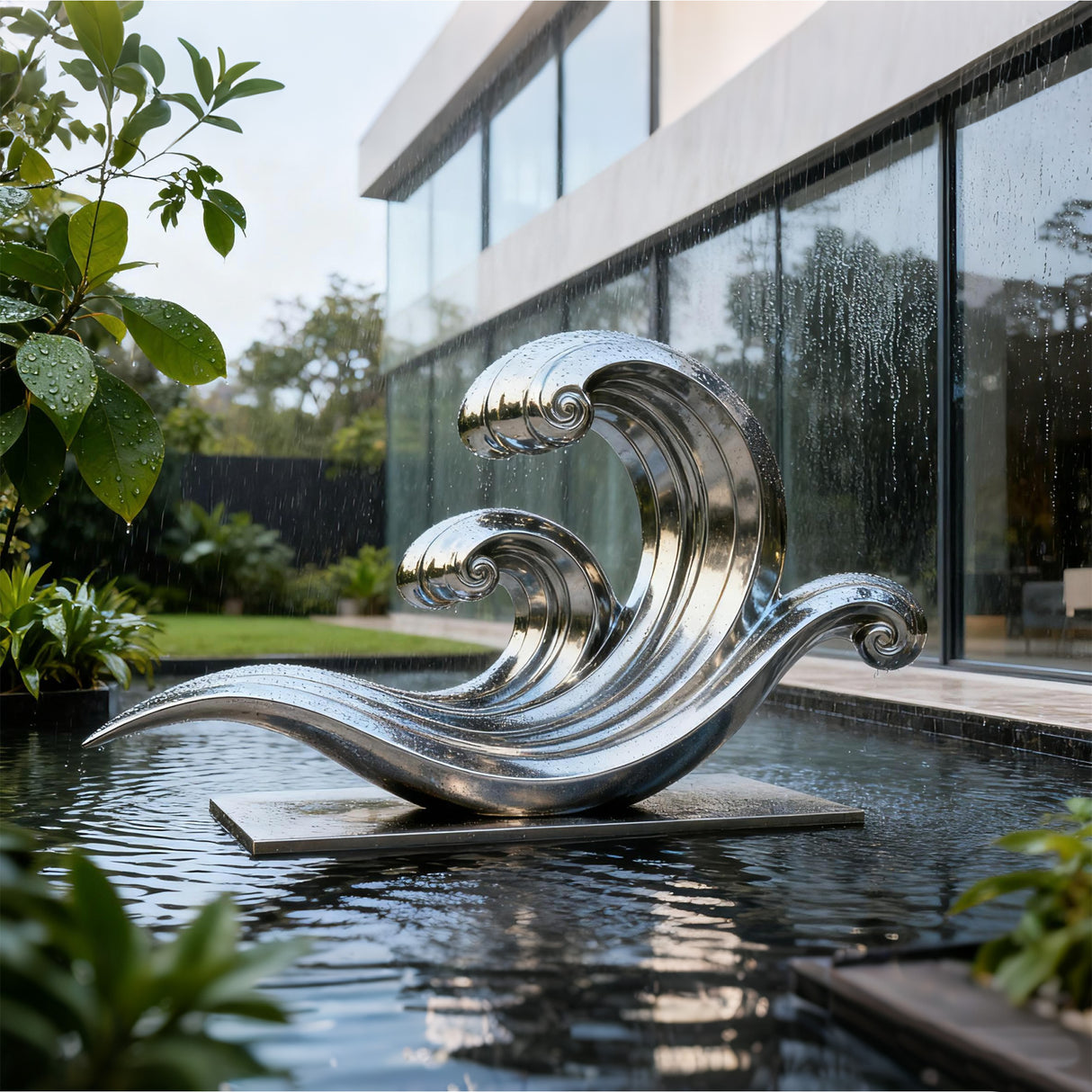 PREMIER Stainless Steel Wave Sculpture with Polished Fluid Design for Luxury Villas and Modern Water Gardens PSSS-170-Stainless Steel Sculpture-PREMIER SCULPTURE