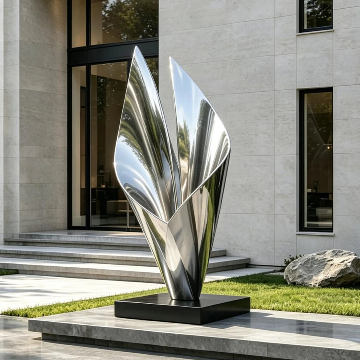 A polished stainless steel sail sculpture is set in front of a modern house.