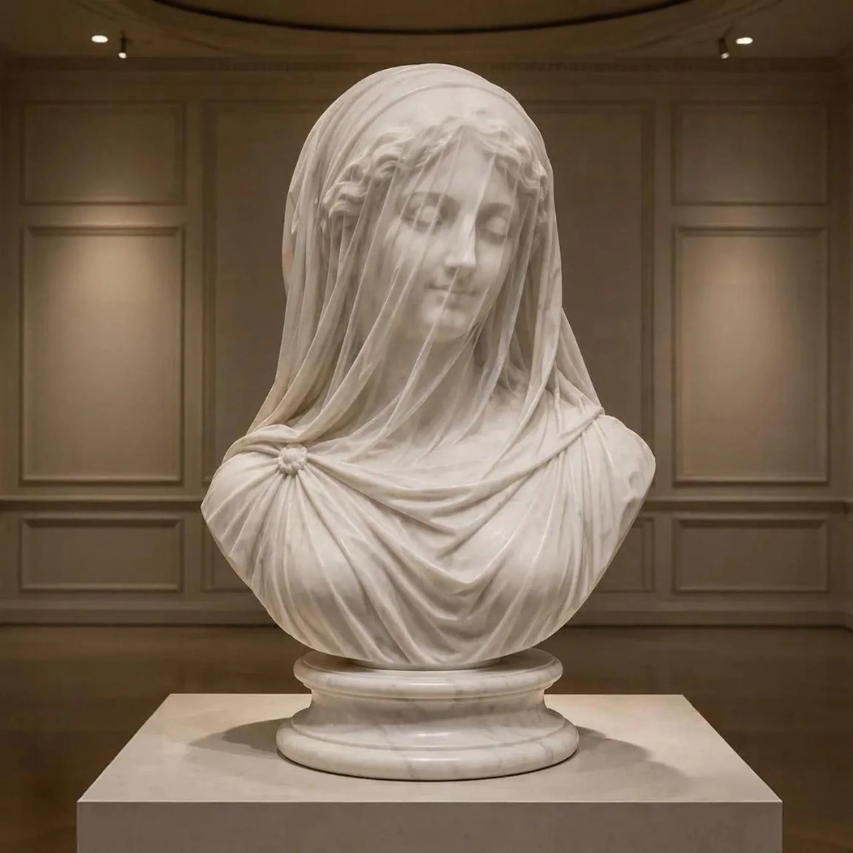 Exquisitely carved translucent veiled lady marble bust sits inside a muted paneled art gallery room.