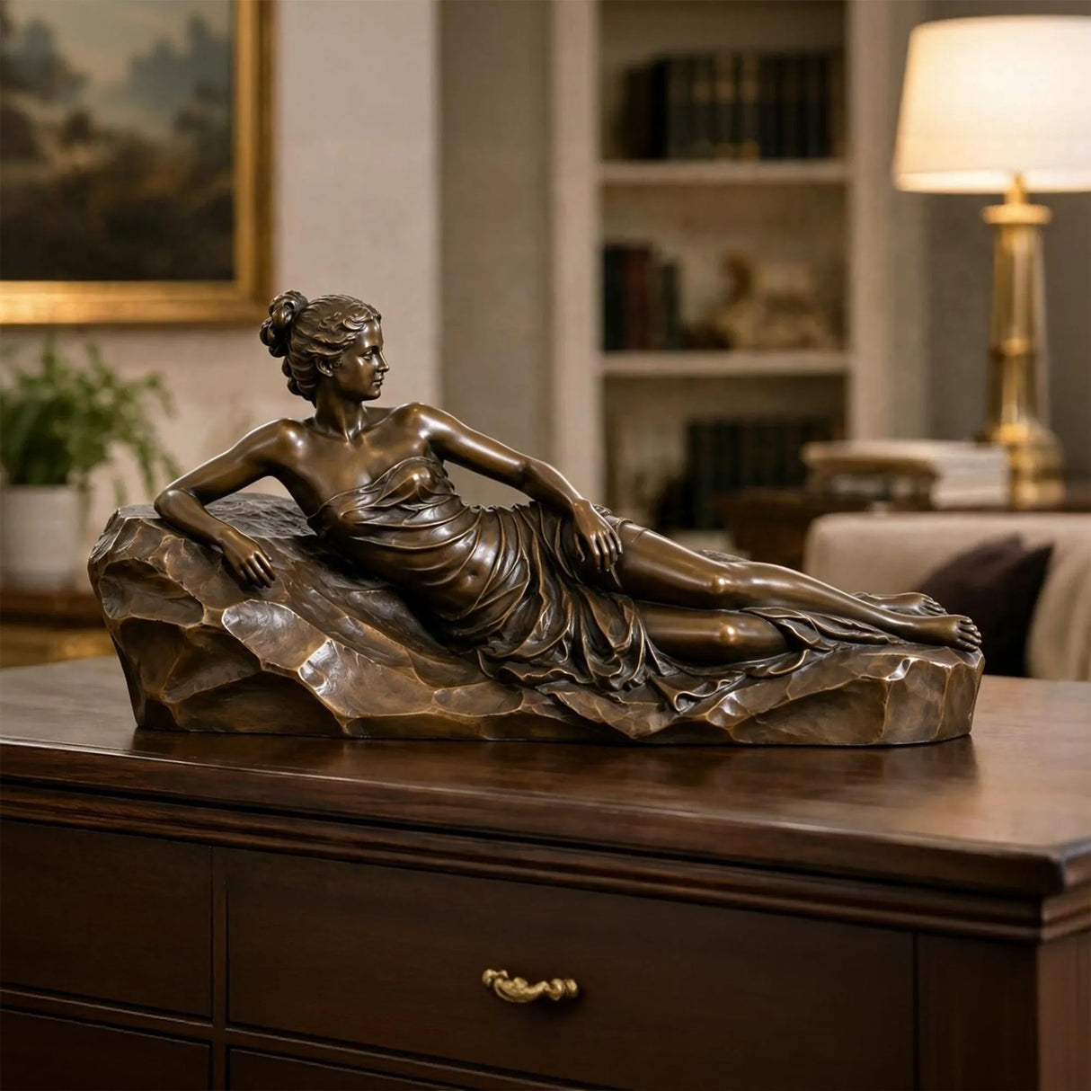 Bronze reclining woman sculpture rests on the wooden cabinet inside a classic home.