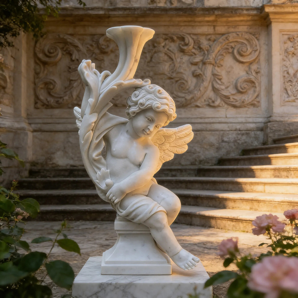 PREMIER White Marble Sculpture with Little Angel Design Ideal for Gardens, Memorial Parks or Outdoor Art Spaces PSM-109-Marble sculpture-PREMIER SCULPTURE