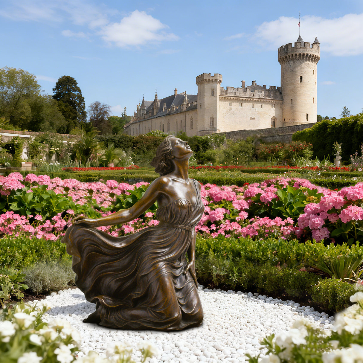 PREMIER Bronze Sculpture with Elegant Lady in Flowing Dress Design for Gardens and Luxury Villas PSB-104-Bronze Sculpture-PREMIER SCULPTURE