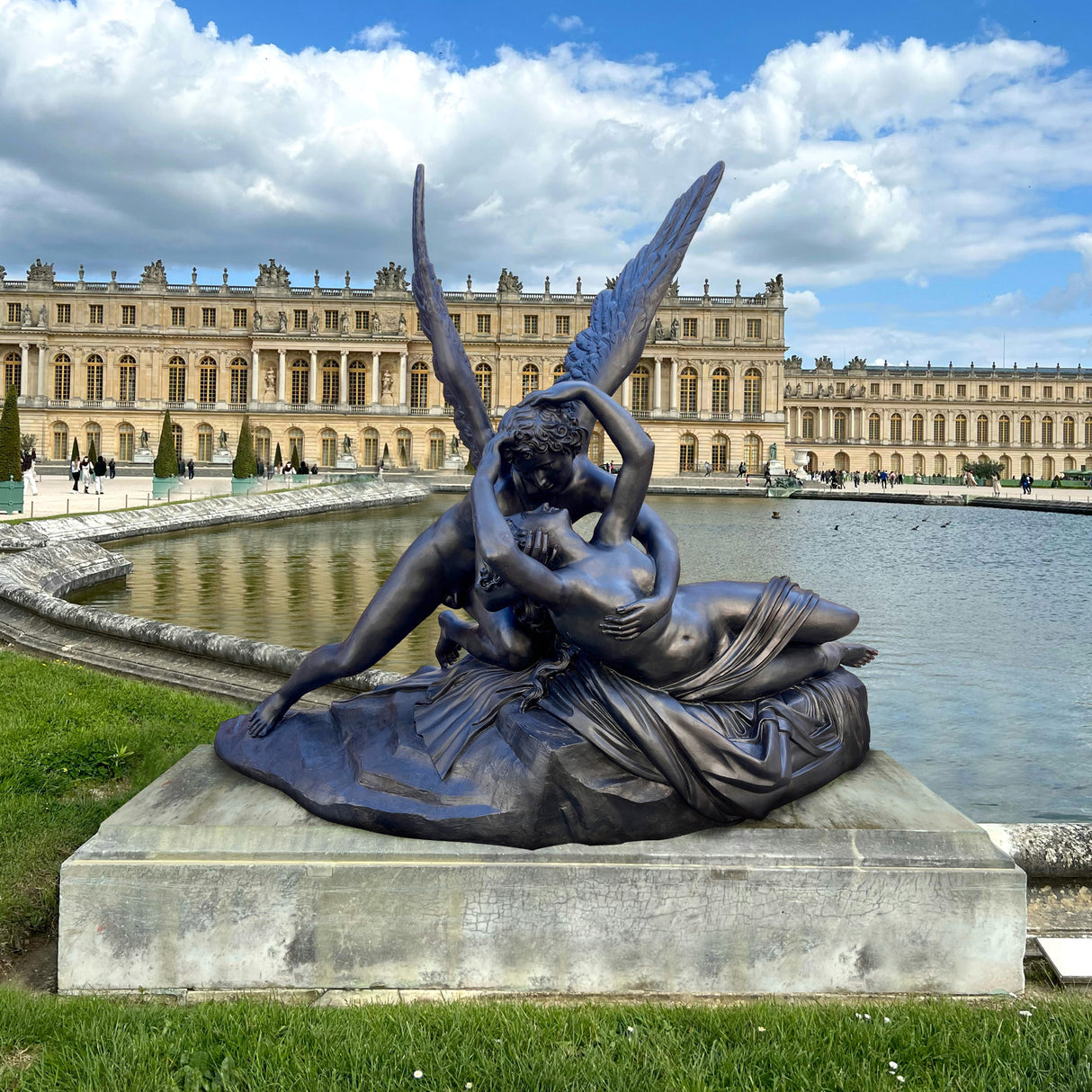 PREMIER Cupid and Psyche Black Granite Sculpture Romantic Garden Stone Statue PSM-057-Marble sculpture-PREMIER SCULPTURE