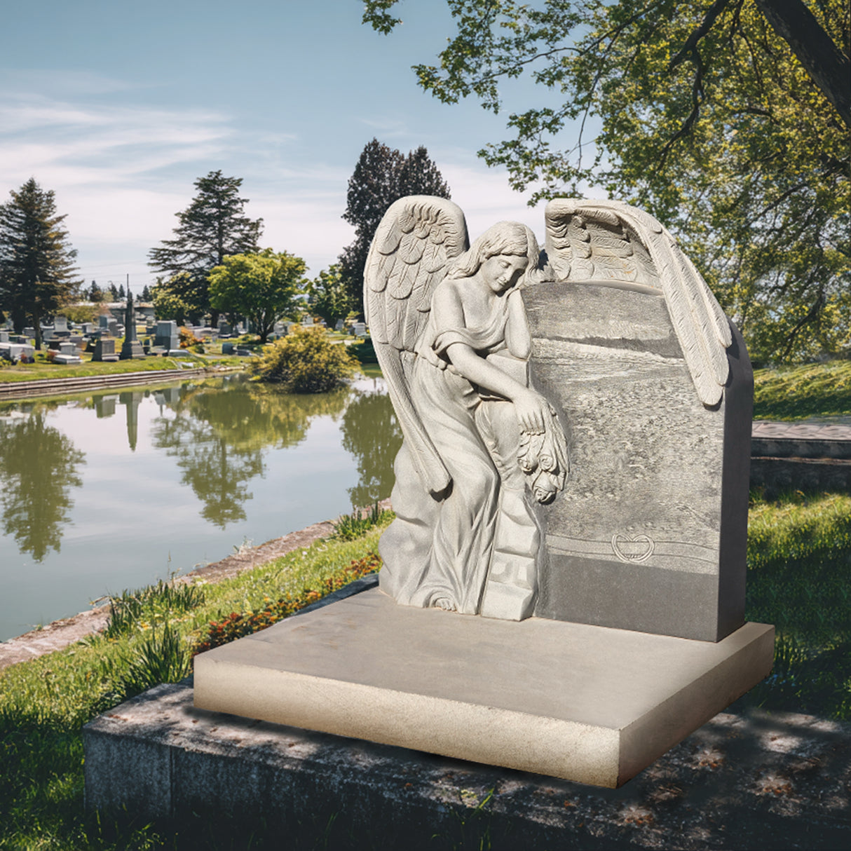 PREMIER Hand-Carved Memorial Monument with Angel Design for Cemeteries and Memorial Gardens PSM-066-Marble sculpture-PREMIER SCULPTURE