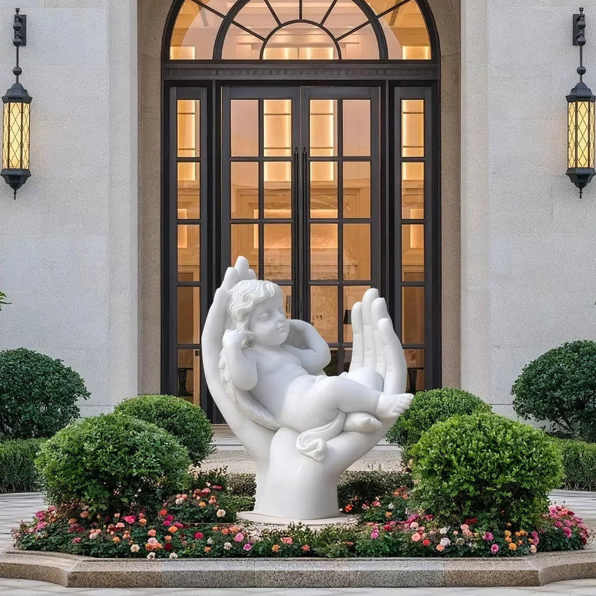 PREMIER Little Angel Marble Sculpture with Big Hand Base for Landscape Garden and Villa Backyard PSM-062-Marble sculpture-PREMIER SCULPTURE