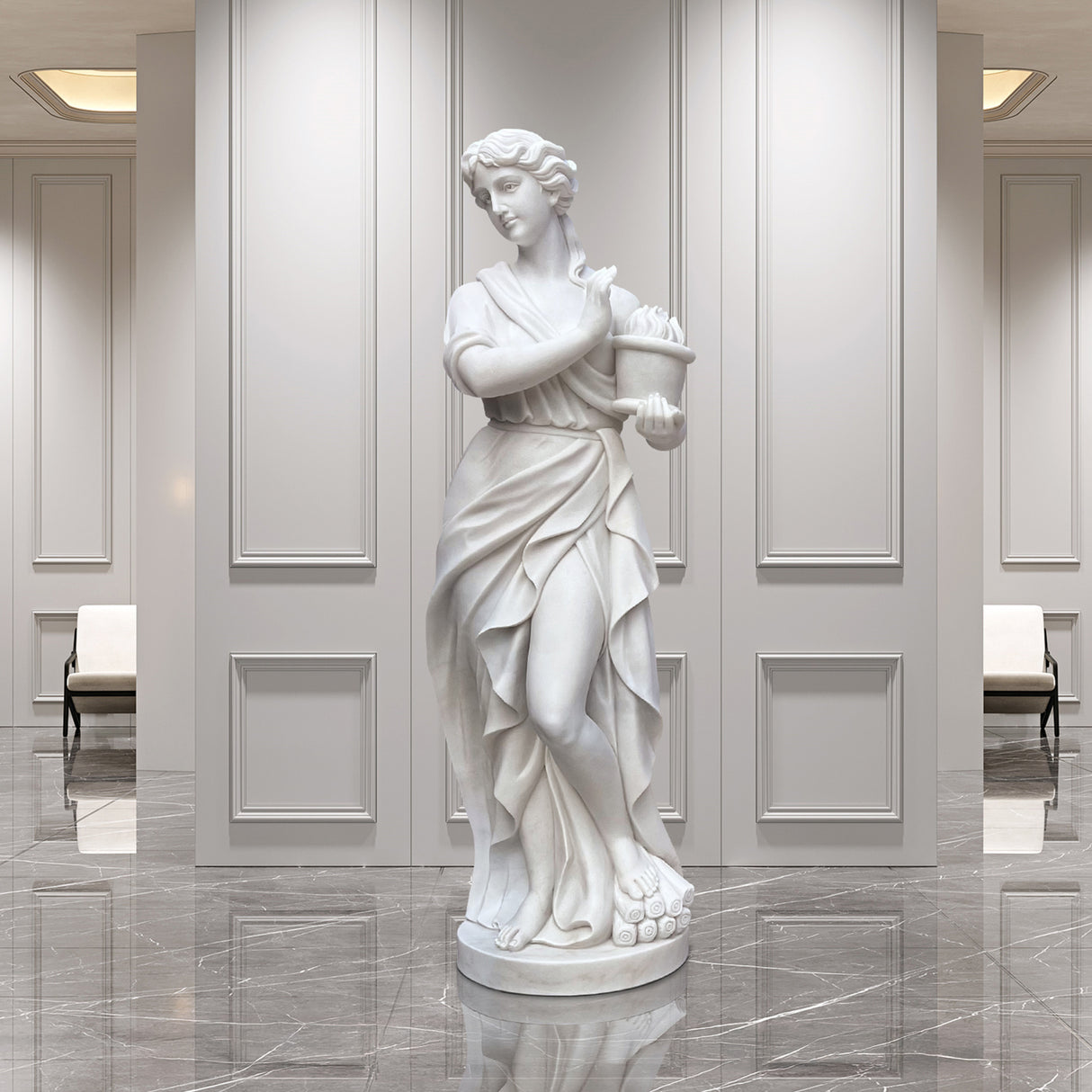 PREMIER Greek Marble Woman Sculpture Elegant Lady with Flame Motif Vase PSM-051-Marble sculpture-PREMIER SCULPTURE