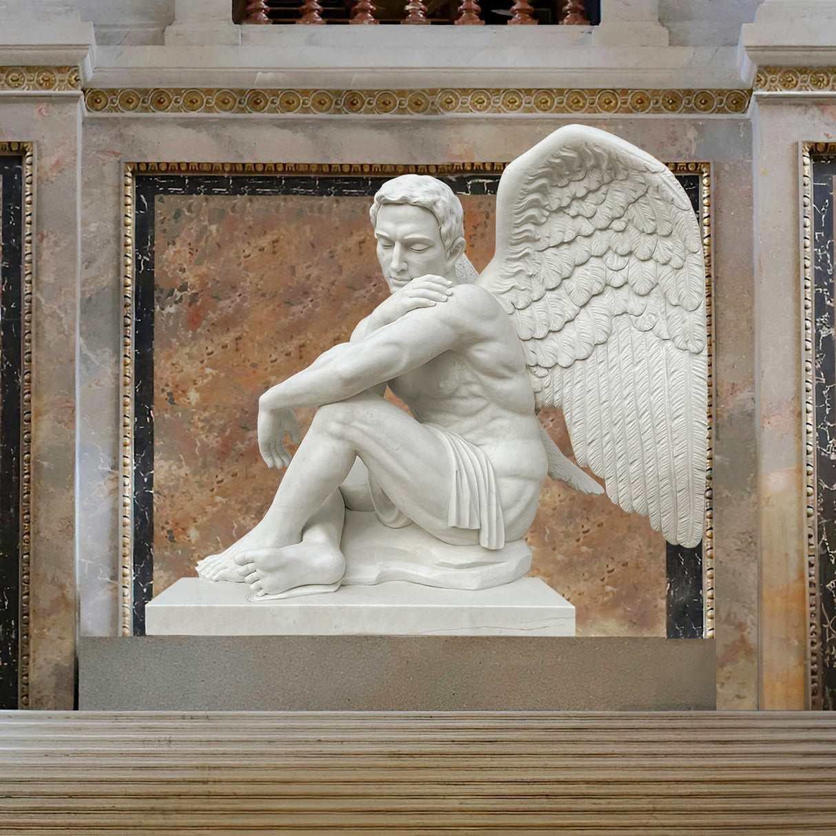 PREMIER Guardian Angel Sculpture Seated Male Marble Statue in Classic Style PSM-058-Marble sculpture-PREMIER SCULPTURE