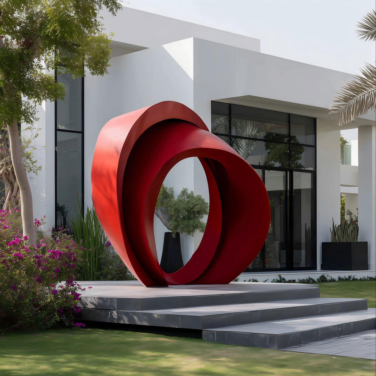 PREMIER Abstract Sculpture with Red Stainless Steel Finish Contemporary Ring Design for Courtyards and Villas PSSS-112-Stainless Steel Sculpture-PREMIER SCULPTURE