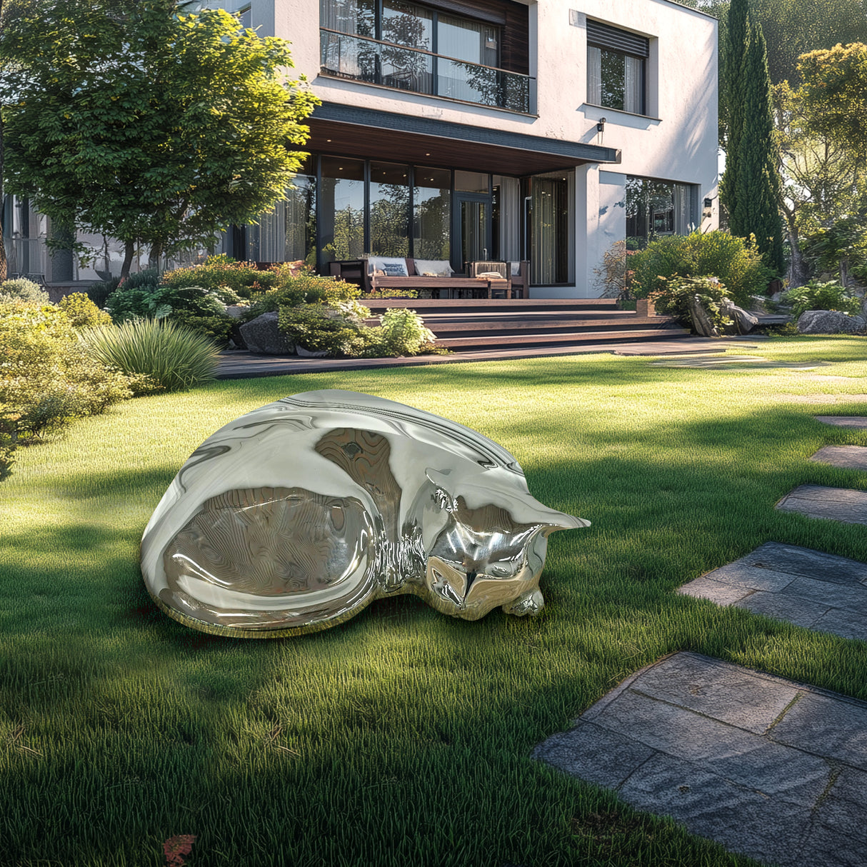 PREMIER Outdoor Sleeping Cat Statue Modern Metal Sculpture for Garden, Patio, or Lawn Decor PSSS-090-Stainless Steel Sculpture-PREMIER SCULPTURE