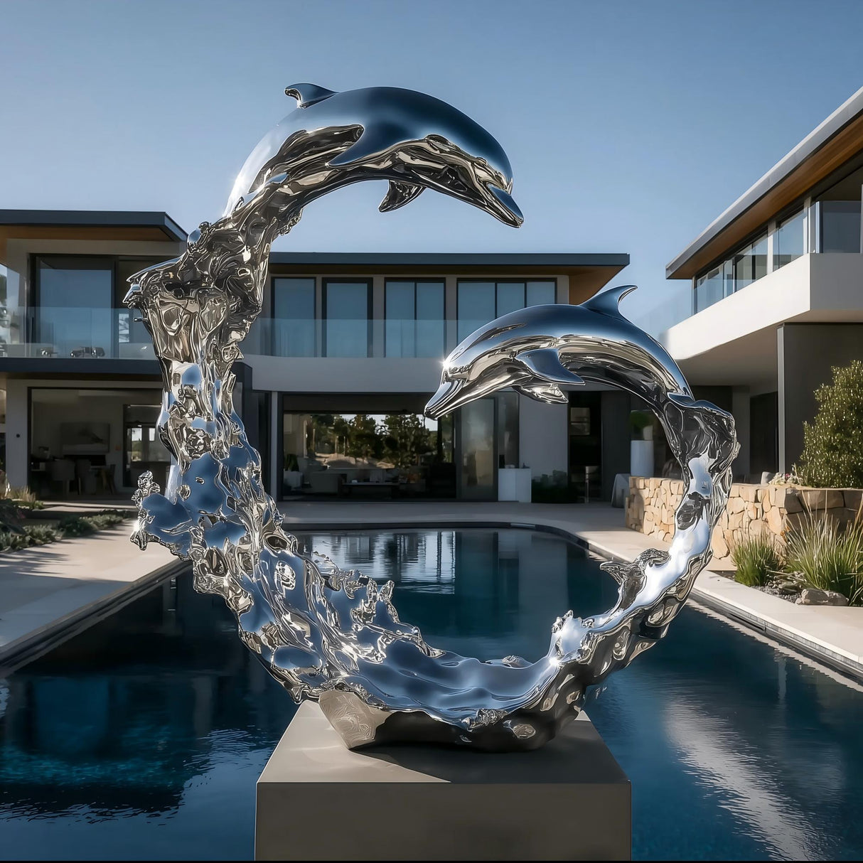 PREMIER Modern Dolphin Statue Stainless Steel Sculpture for Poolside, Yacht Deck, and Coastal Villas PSSS-109-Stainless Steel Sculpture-PREMIER SCULPTURE