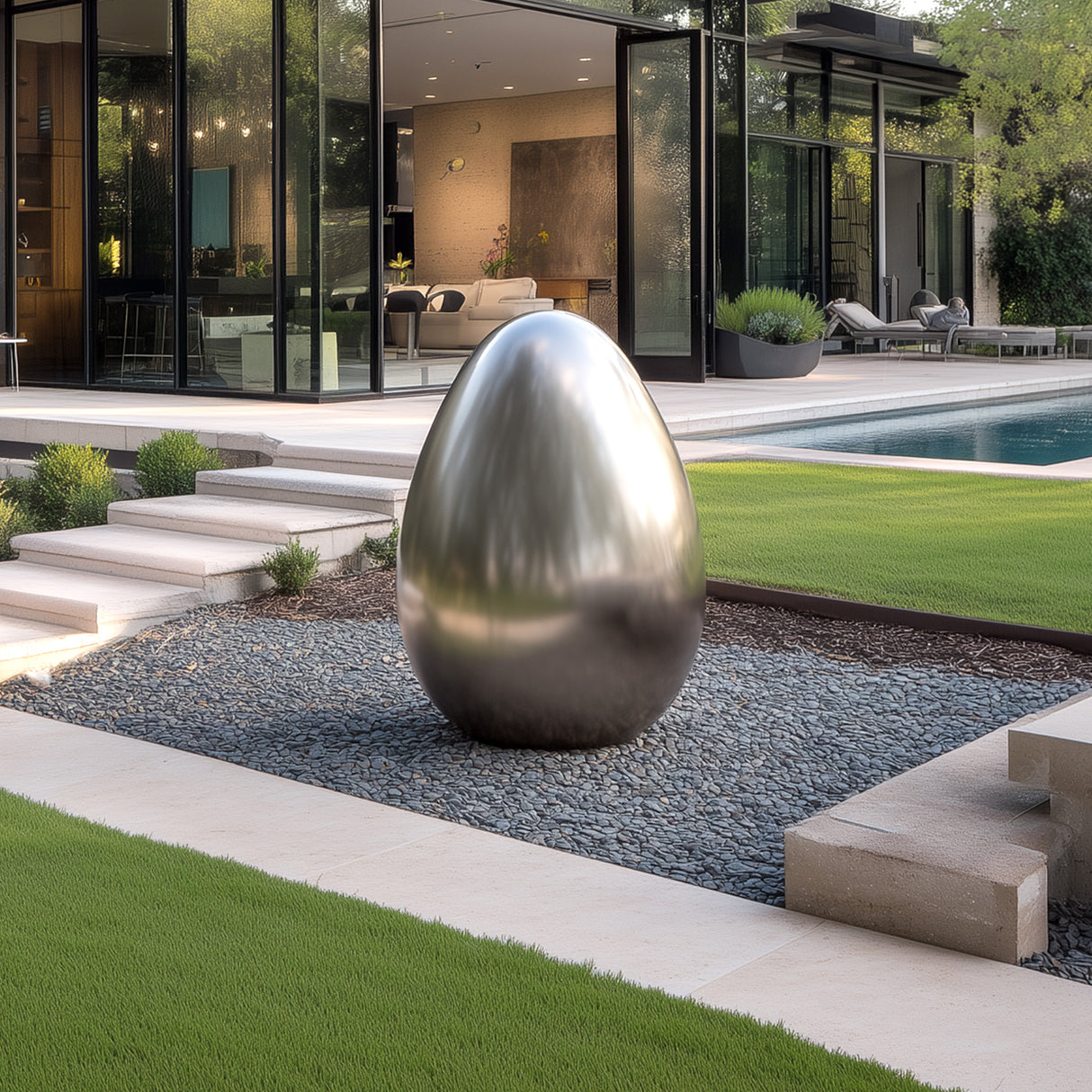 PREMIER Modern Egg-Shaped Stainless Steel Sculpture for Garden or Poolside Art Display PSSS-085-Stainless Steel Sculpture-PREMIER SCULPTURE