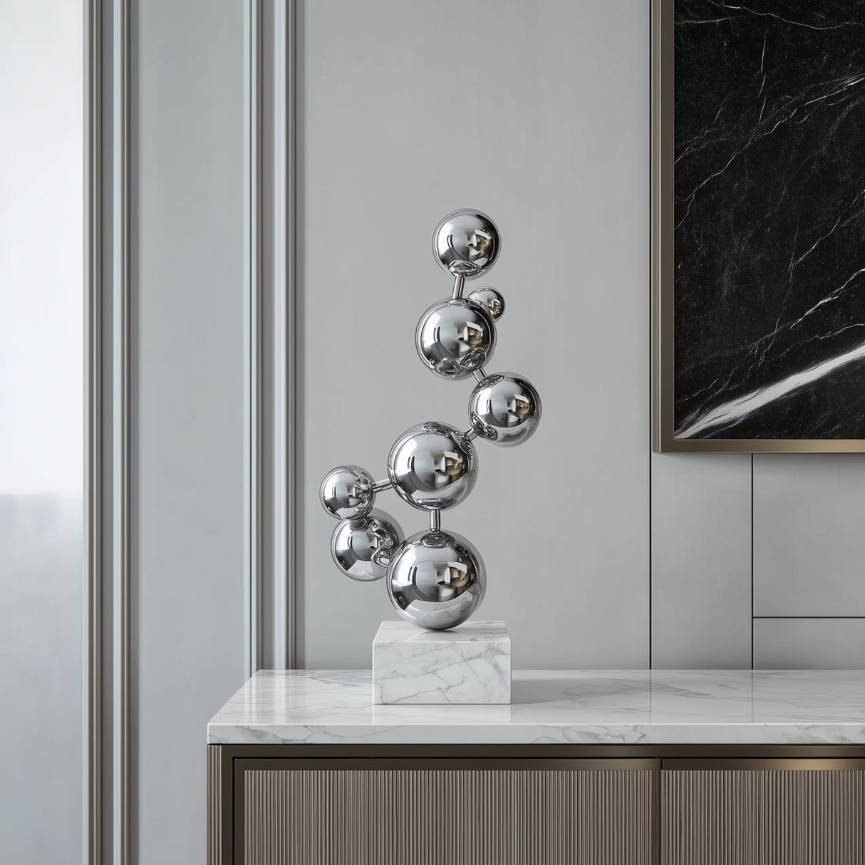 PREMIER Stainless Steel Sphere Sculpture on Marble Base for Modern Interior Decor PSSS-118-Stainless Steel Sculpture-PREMIER SCULPTURE