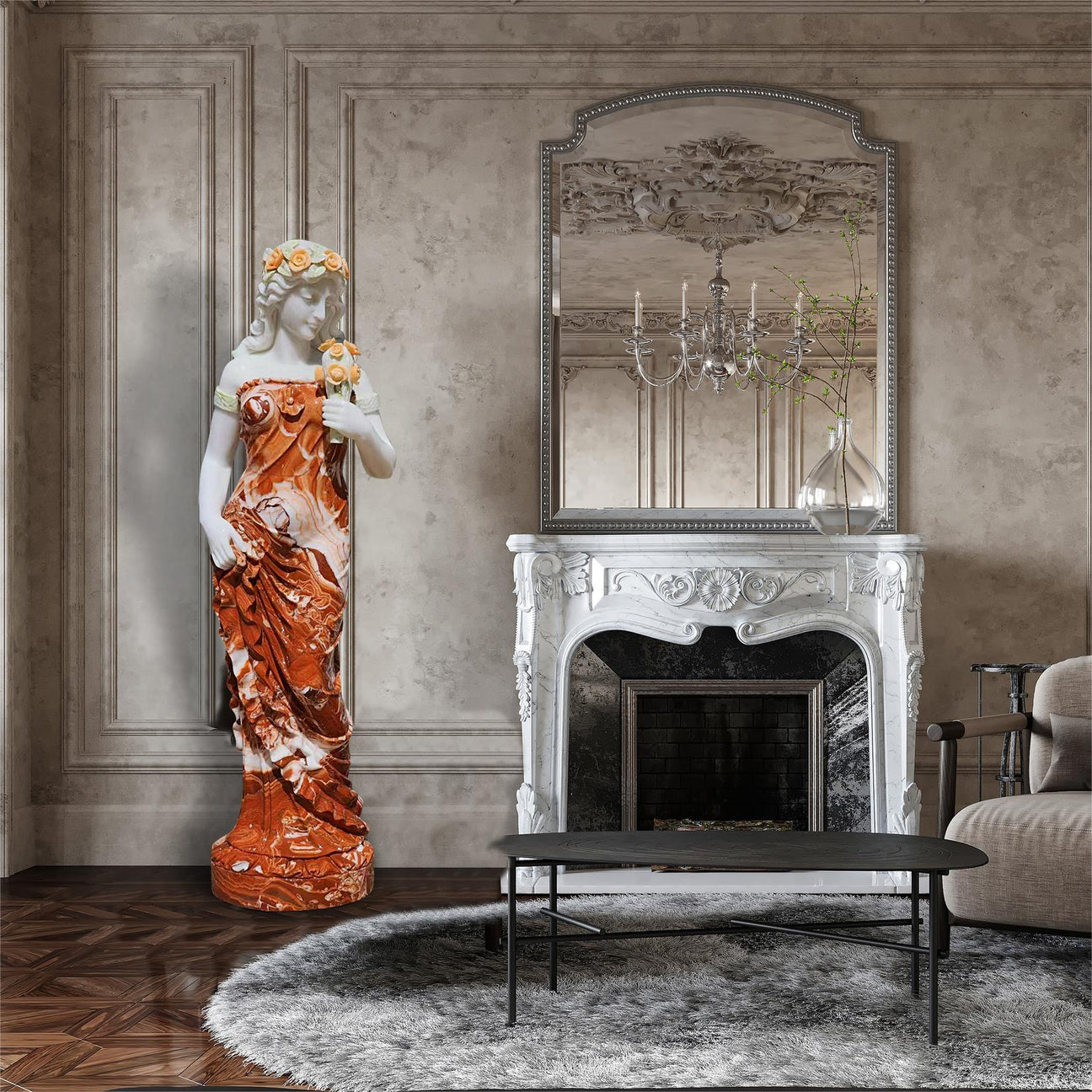 Floor Lady with Flower Marble Statue