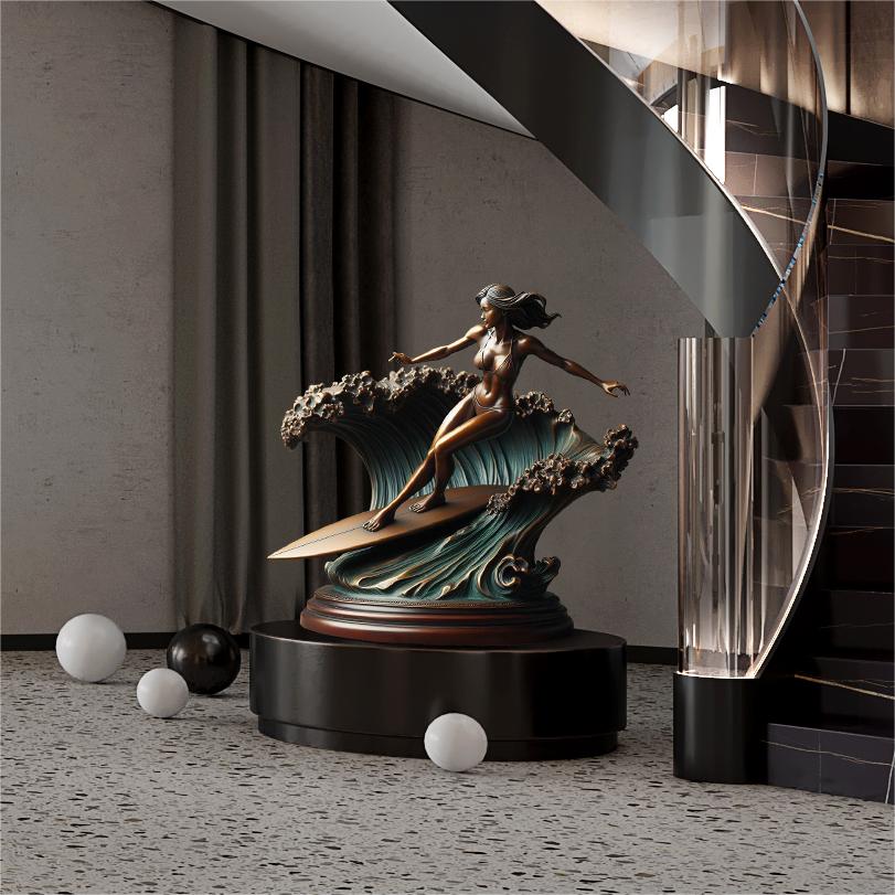 A dynamic bronze sculpture depicting a female surfer riding a powerful wave