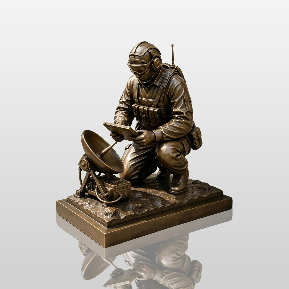 Bronze statue of a kneeling signaller sits outdoors beside a modern building.