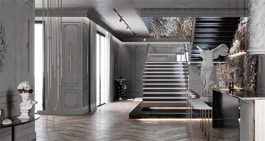 The bust of David and the Winged Victory sculpture of Samothrace are displayed in a luxurious modern interior space