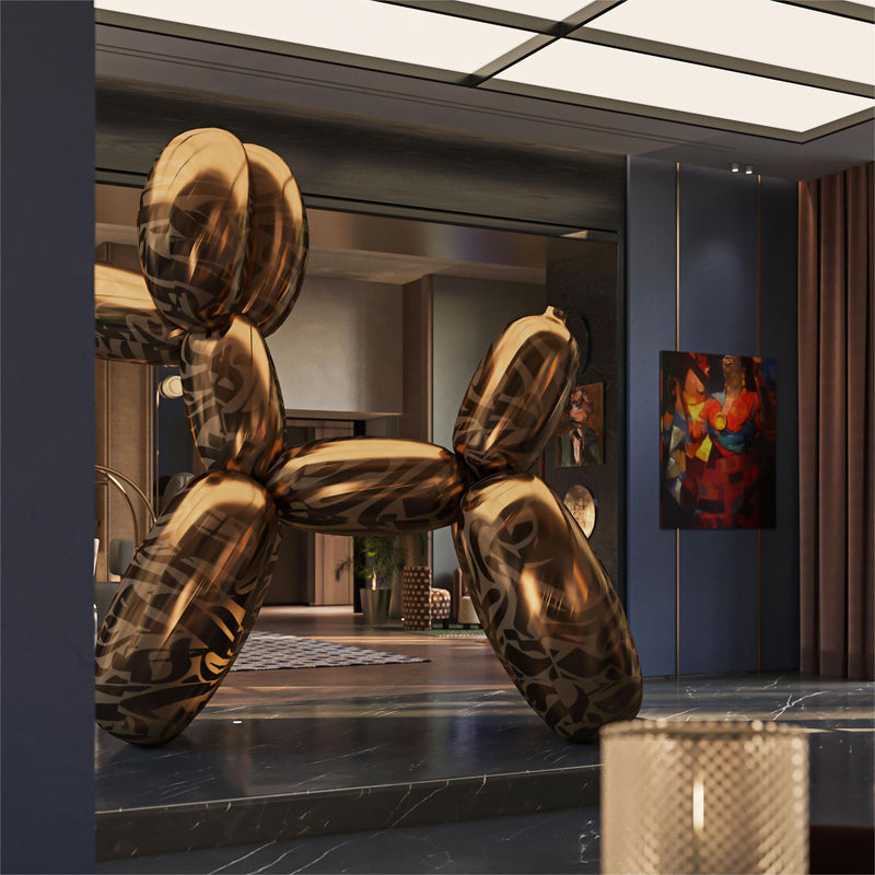 A large, shiny balloon dog sculpture stands in a luxurious, modern interior space.