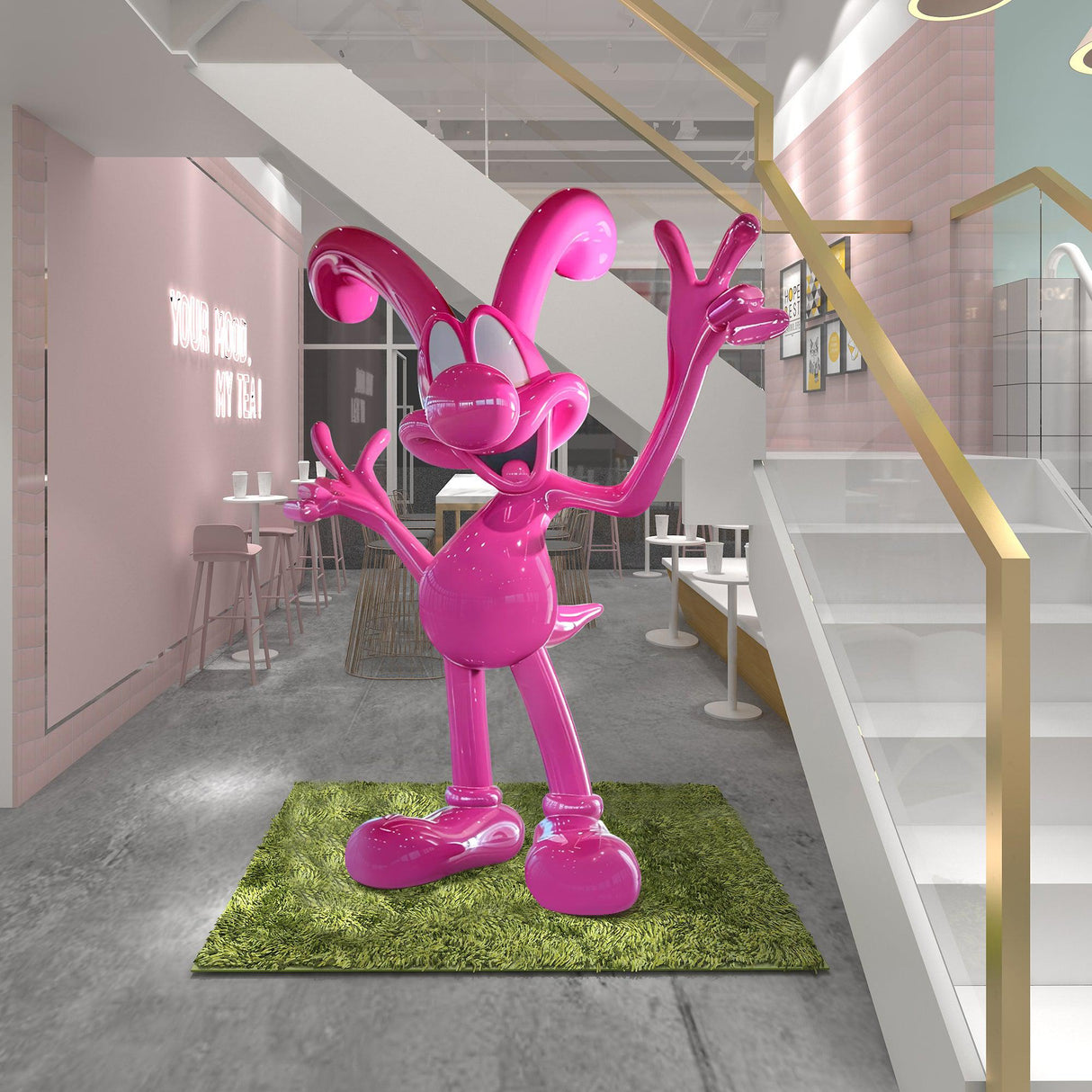 PREMIER Contemporary Pop Art Sculpture Playful Fiberglass Pink Cartoon Rabbit Sculpture PSF-036-Fiberglass Sculpture-PREMIER SCULPTURE