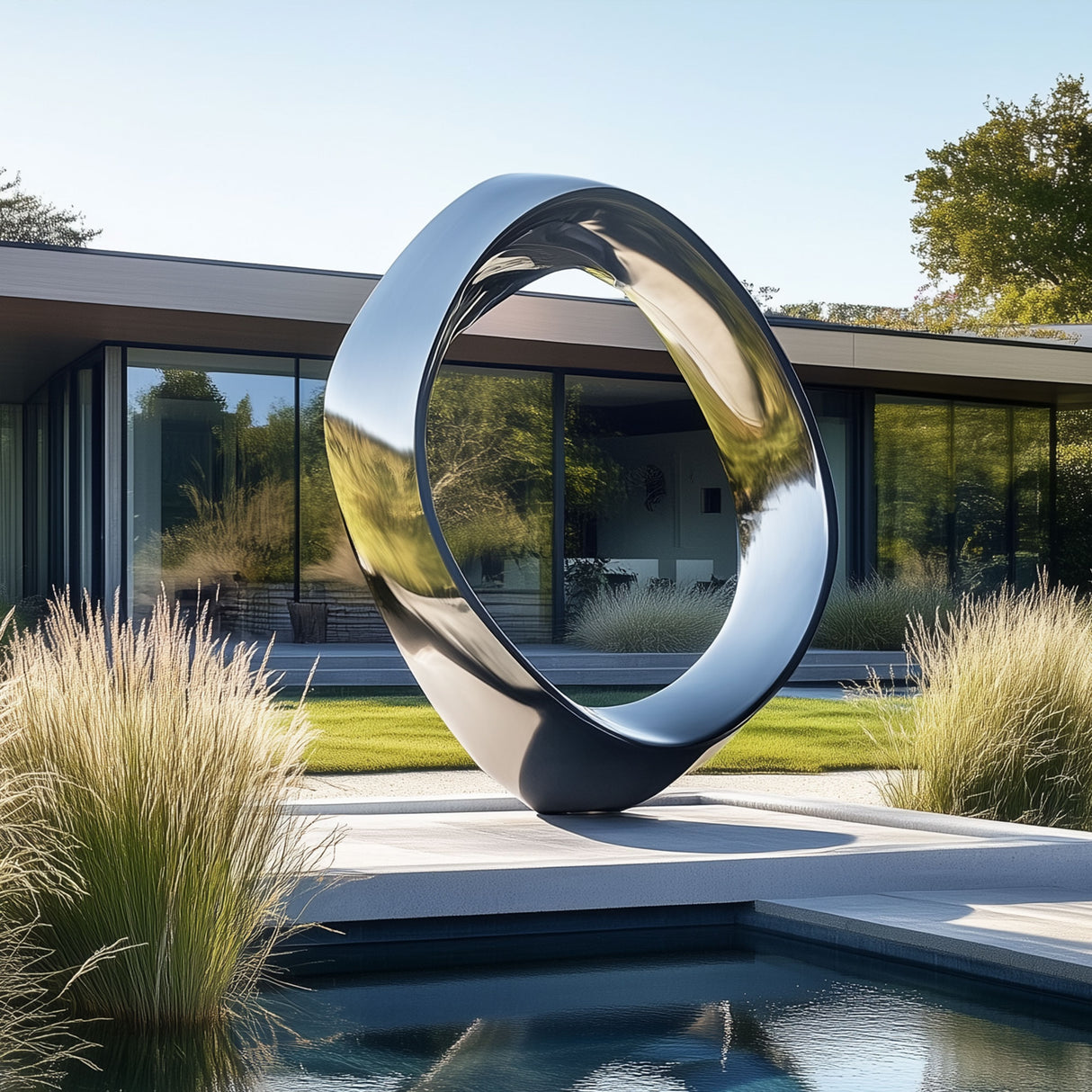 PREMIER Modern Ring Garden Sculpture Reflective Stainless Steel Outdoor Sculpture for Contemporary Gardens PSLSS-021-Stainless Steel Sculpture-PREMIER SCULPTURE