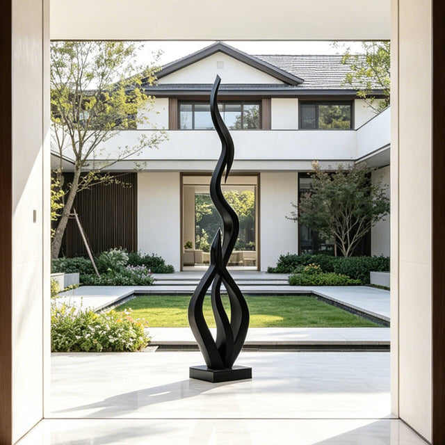 PREMIER Abstract Black Flame Sculpture in Stainless Steel for Villa Courtyards, Luxury Entryways or Gardens PSSS-273-Stainless Steel Sculpture-PREMIER SCULPTURE