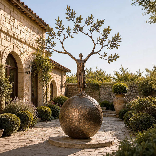 Bronze sculpture with the design of human shaped tree ball stands in a cobblestone courtyard.