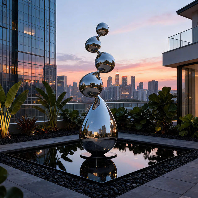 Abstract stainless steel droplet sculpture with stacked flowing shapes standing beside a reflective water feature in a modern outdoor rooftop garden at sunset.