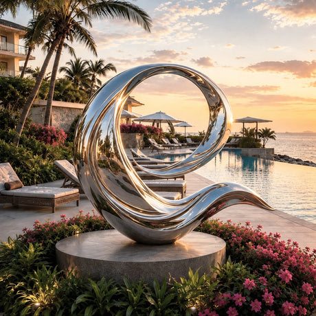 Mirror wave stainless steel sculpture sits besides ocean with palm trees at sunset.