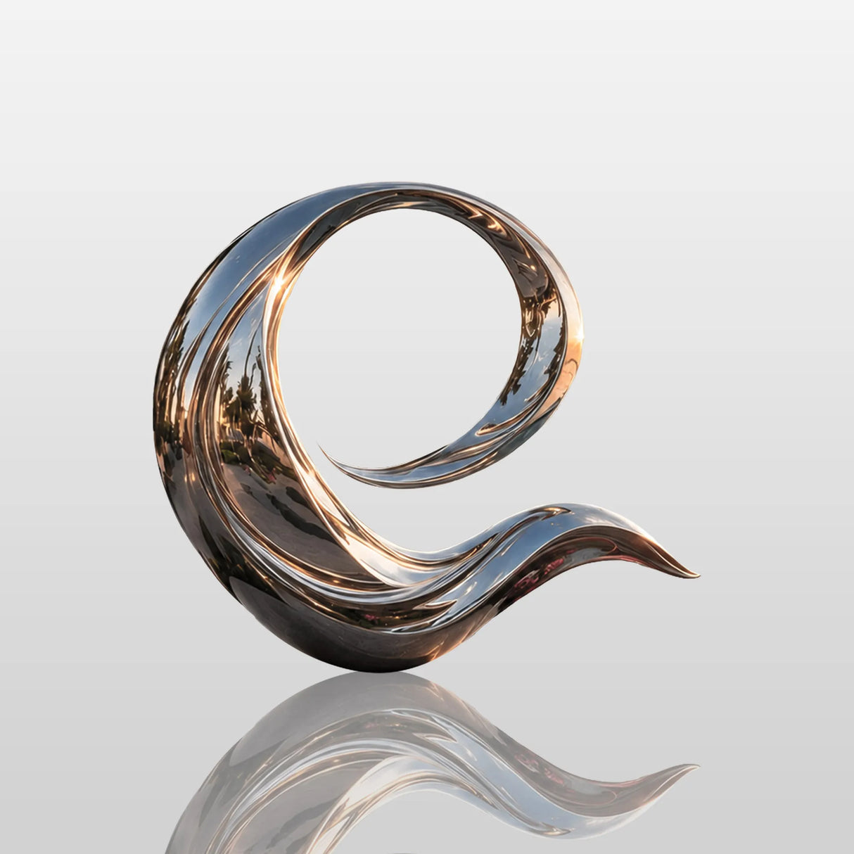 Mirror wave stainless steel sculpture sits besides ocean with palm trees at sunset.