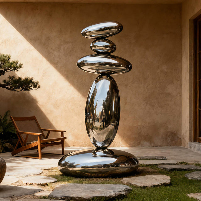 Abstract stainless steel stacked pebble sculpture with polished mirror finish placed for modern courtyard gardens.