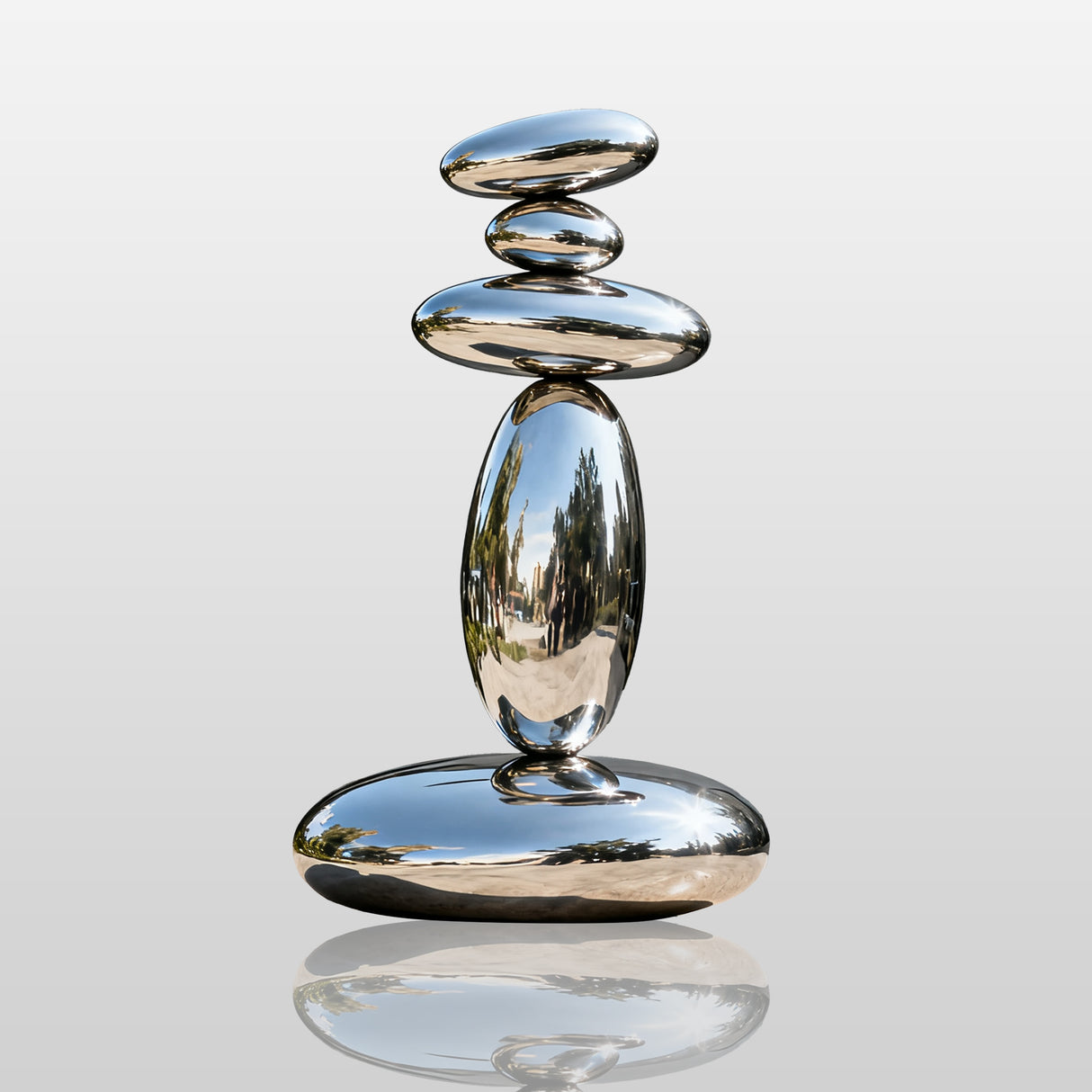 Abstract stainless steel stacked pebble sculpture with polished mirror finish placed for modern courtyard gardens.