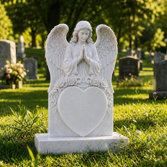 Marble tombstone carved with praying angel, roses and heart stands on the lush green cemetery lawn.
