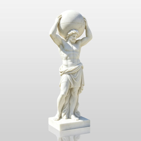 A marble atlas mythology statue stands on a stone pedestal beside a swimming pool.