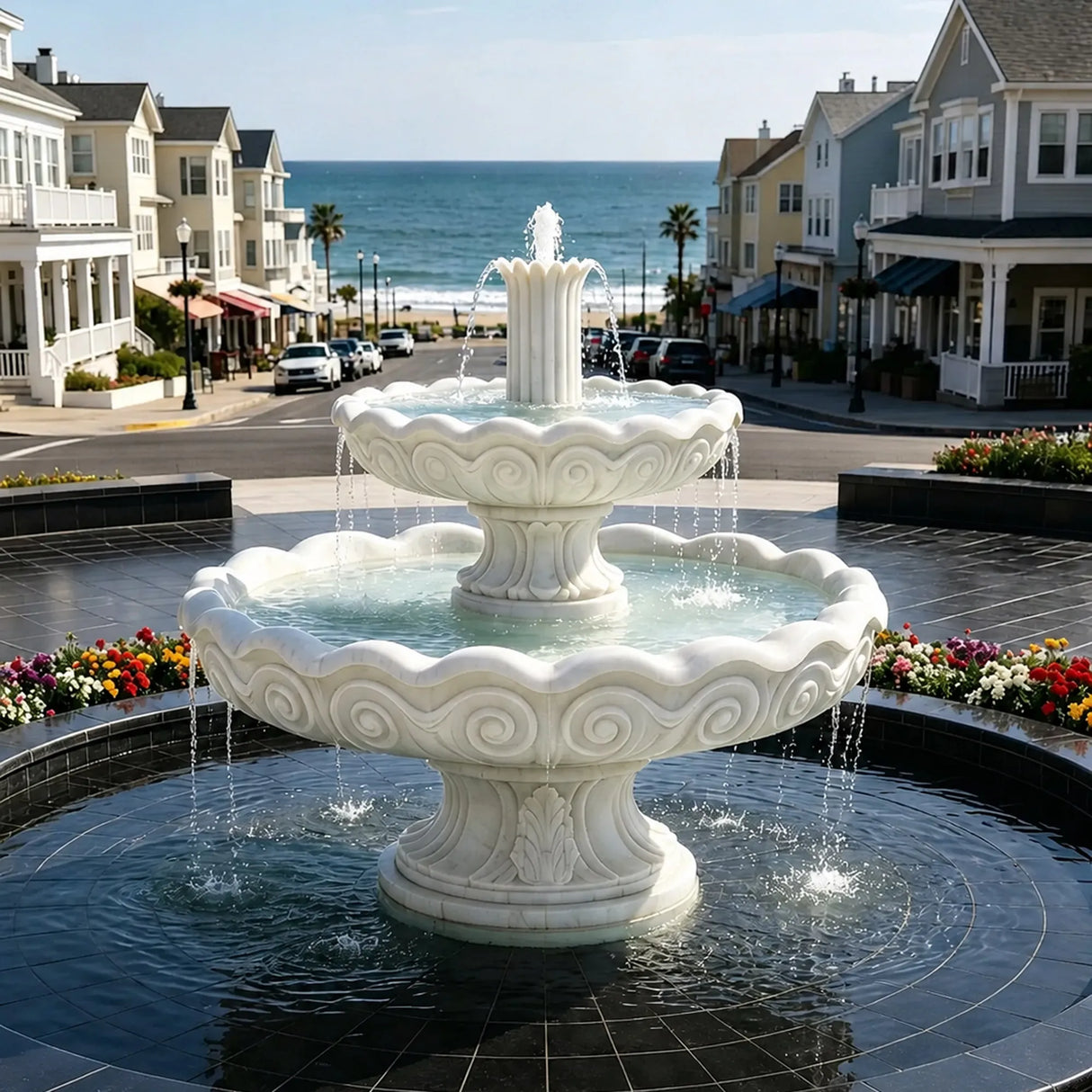 PREMIER Beautiful Marble Fountain with Curved Waves for Seaside Resorts, Coastal Courtyards or Any Outdoor Spaces PSFM-014-Marble sculpture-PREMIER SCULPTURE