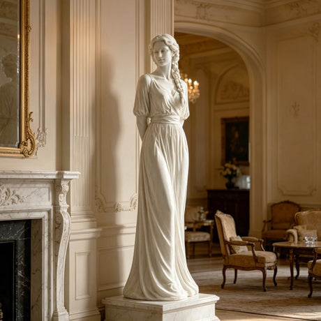 A white marble female statue stands gracefully in an elegant classical interior with warm curved details.