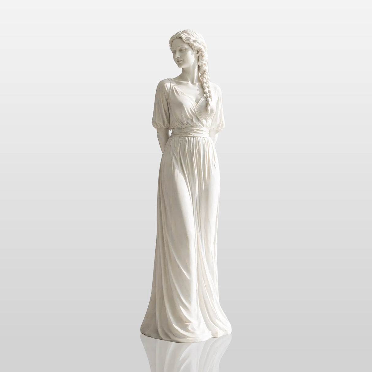 A white marble female statue stands gracefully in an elegant classical interior with warm curved details.