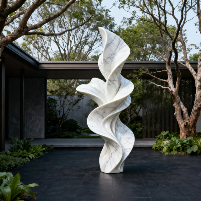 PREMIER Beautiful White Marble Sculpture with Delicate Spiral Flower Design Suitable for Gardens, Luxury Hotel Courtyards PSM-099-Marble sculpture-PREMIER SCULPTURE