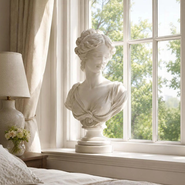 Marble blindfolded lady bust stands on a bright bedroom windowsill.