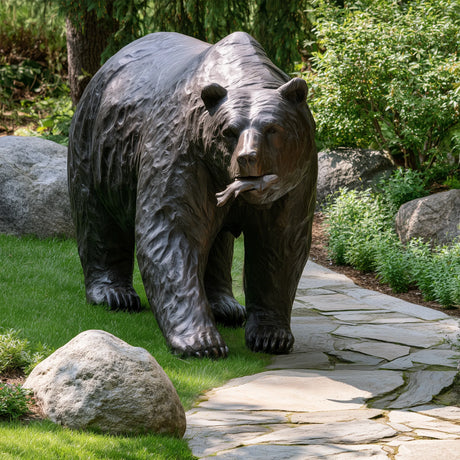 PREMIER Bronze Bear Statue with a Fish for Front Yard, Residential Garden or Street PSB-281-Bronze Sculpture-PREMIER SCULPTURE