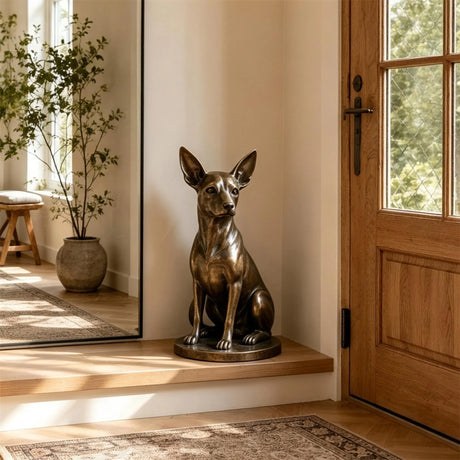 Bronze chihuahua dog statue sits on wooden entryway ledge inside home.