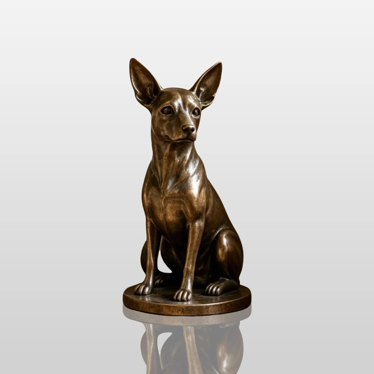 Bronze chihuahua dog statue sits on wooden entryway ledge inside home.