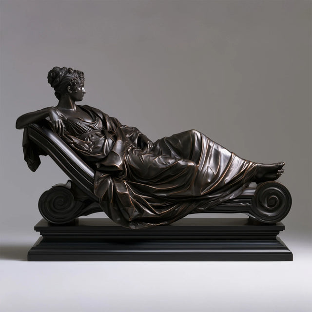 Bronze tabletop sculpture shows a draped female reclining on scroll chaise lounge.