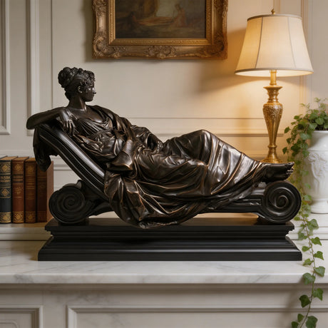 Bronze reclining lady sculpture rests on marble mantel inside elegant classic room.