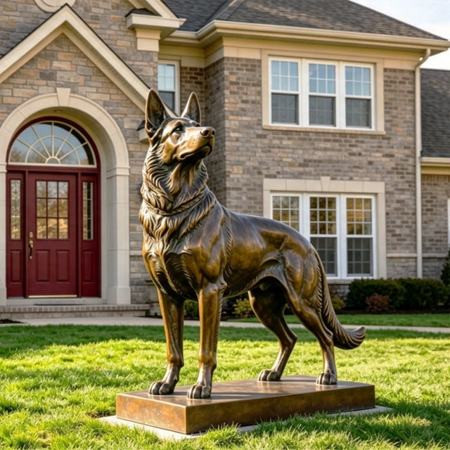 Bronze German shepherd dog statue stands on green grass in front of a residential house.
