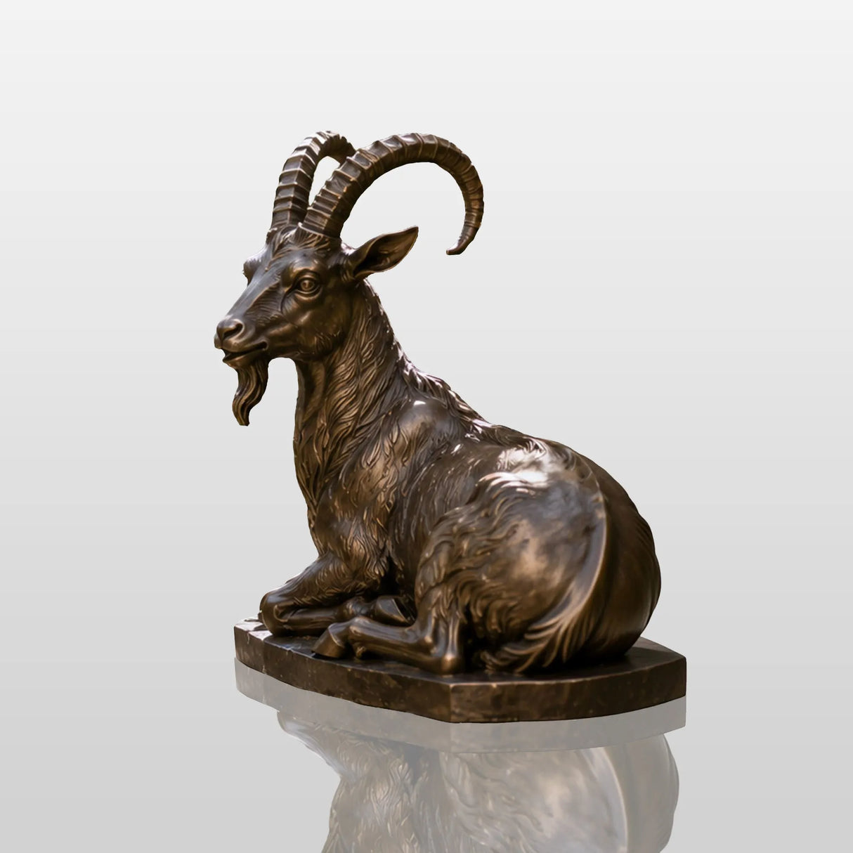 Antique bronze ibex fountain spouts water into garden pond surrounded by blooms, trimmed shrubs.