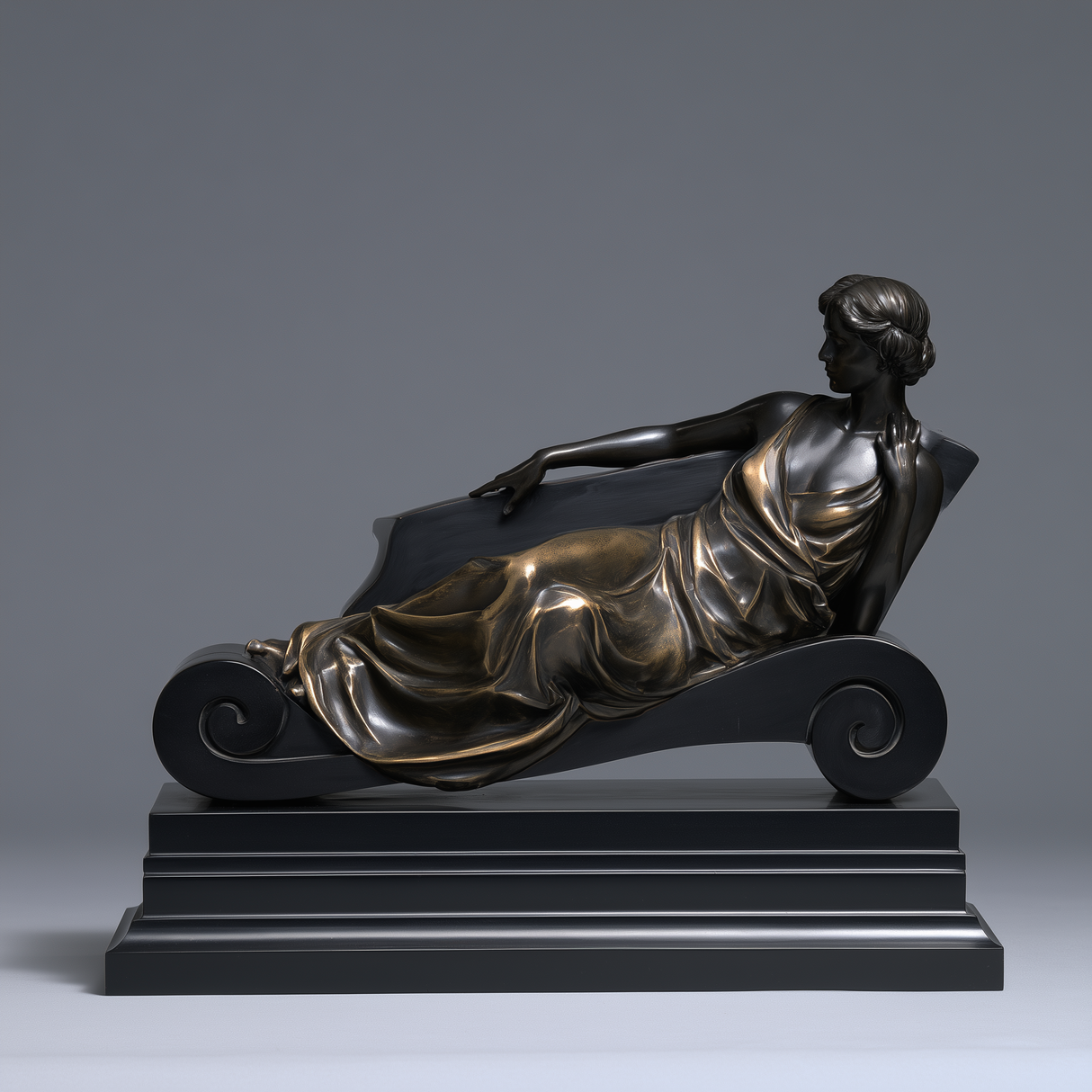 Bronze table top sculpture depicts an elegant lady leaning back on scroll chaise lounge with tiered base.